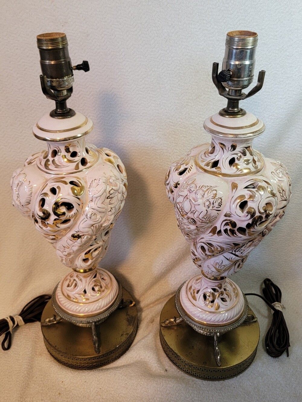 Vintage White and Gold Ceramic Table Lamp Pair
